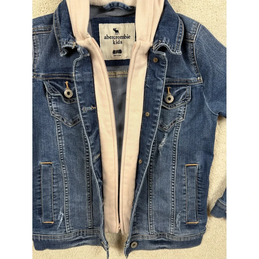 ABERCROMBIE Girls Size 9/10 Hooded Lined Blue Denim Trucker Jean Jacket #1522